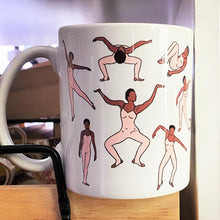 Load image into Gallery viewer, white mug with simple illustrations of Aunt Viv from The Fresh Prince of Bel Air. She is wearing a pink unitard and dancing.