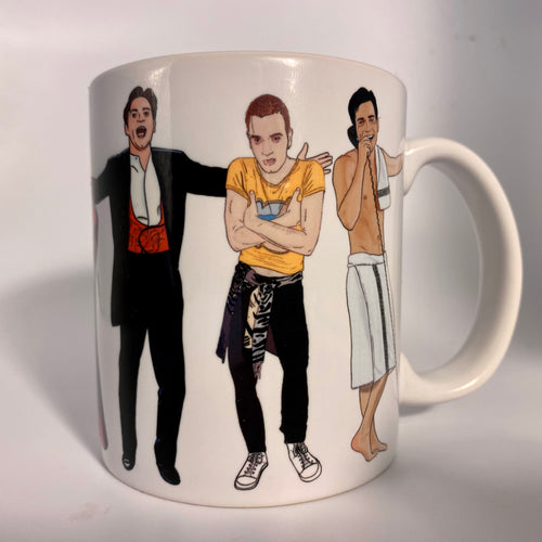 White ceramic mug with illustrations of actor Ewan McGregor 