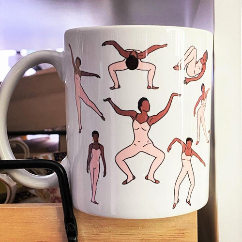 white mug with simple illustrations of Aunt Viv from The Fresh Prince of Bel Air. She is wearing a pink unitard and dancing.