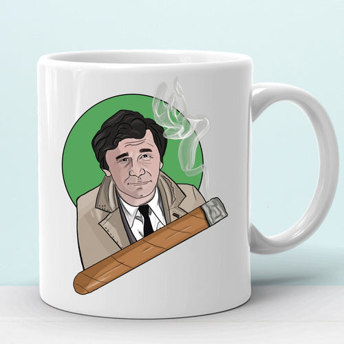 white ceramic mug with hand drawn portrait of Peter Falk as Lieutenant Columbo. Cigar.